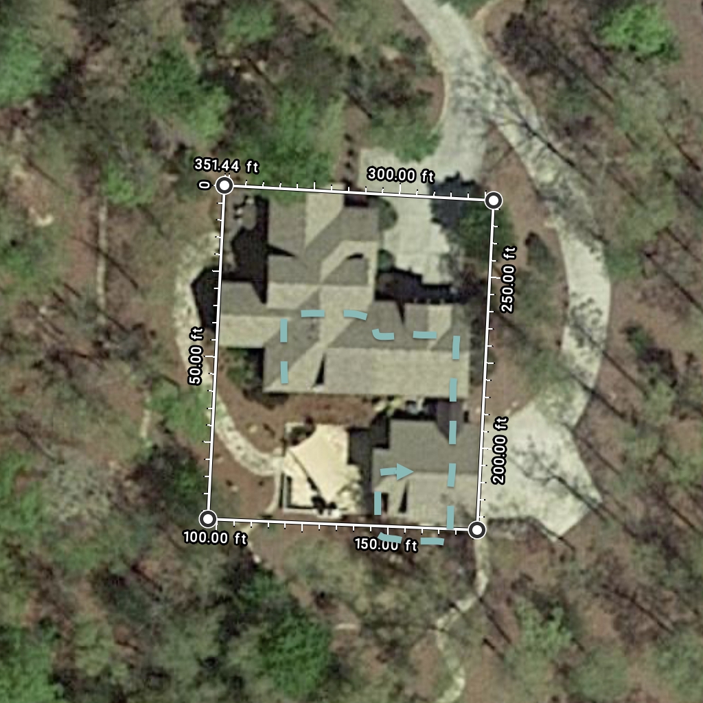 A satellite view of the property, with a dimensioned rectangle showing the house is contained within but does not fill a 100 foot by 75 foot area. A blue dotted line shows the approximately 250 foot route described in the caption.